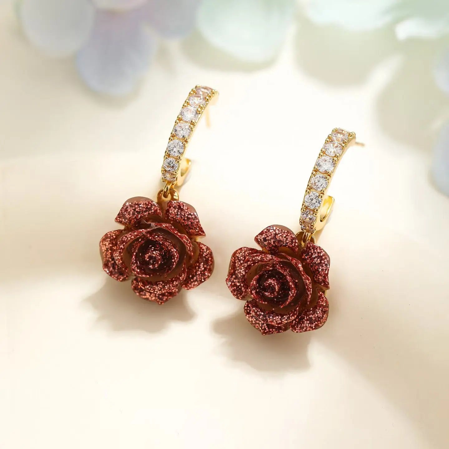 Fashion Elegant Vintabge Flowers Rose Drop Earrings for Girls Sweet Heart Shaped Jewelry for Women Ladies Accessories Wholesale