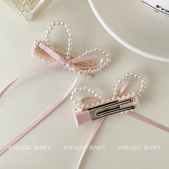 Pink Ribbon Bowknot Imitation Pearl Hair Clips for Baby Girls Fashion Sweet Elegant Cute Alligators for Kids Hair Accessories