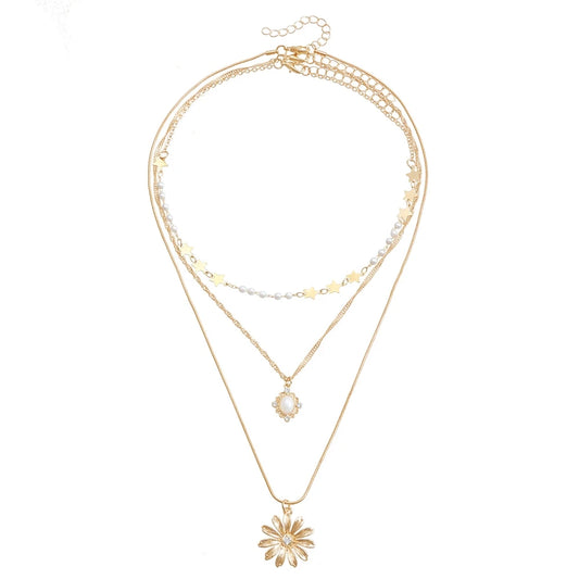 Fashion Flower Floral Layered Wearing Necklaces for Girls Star Imitation Pearl Jewelry for Women Ladies Accessories Wholesale