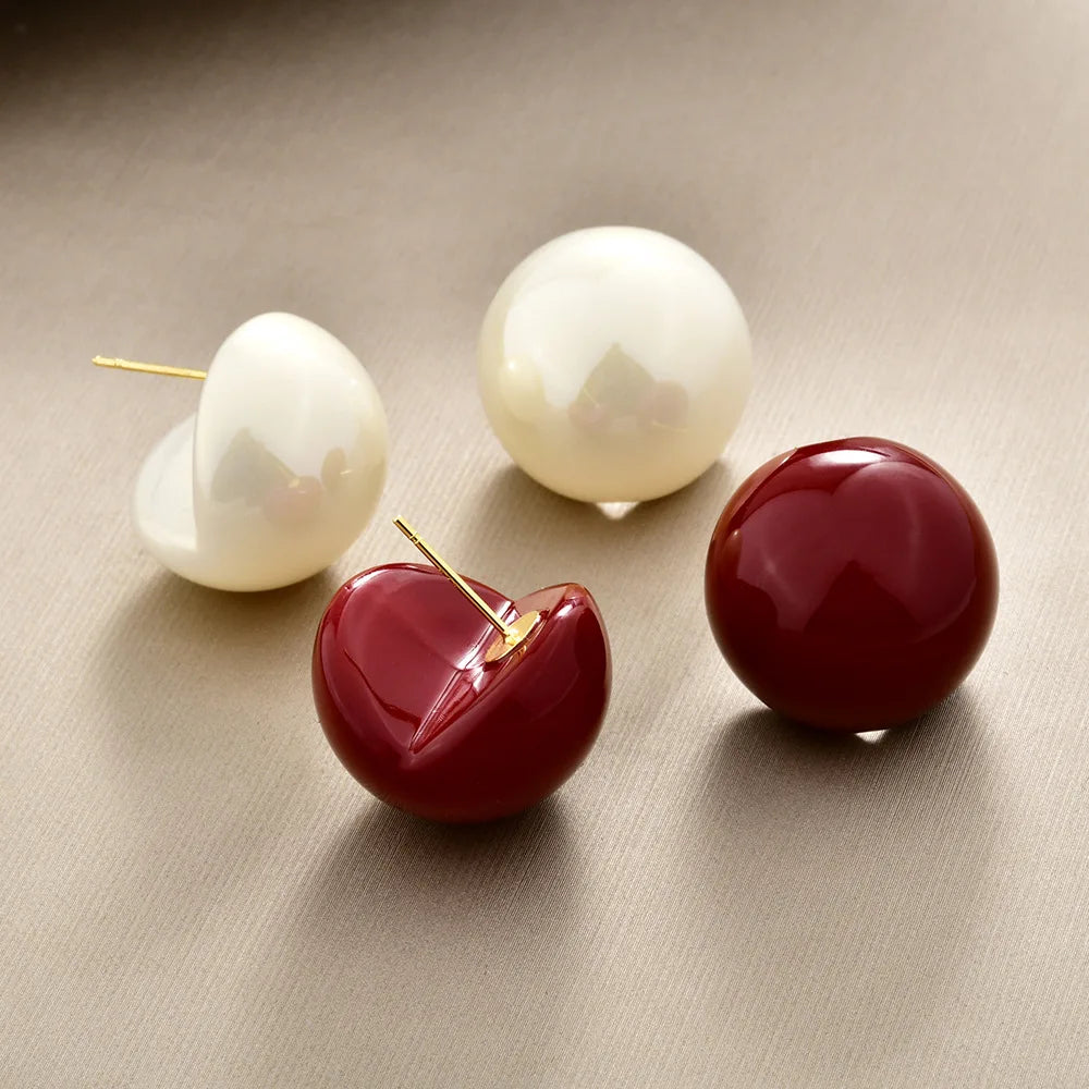 Retro Women's Earrings Stud Wine Red Imitation Pearl Ball Earrings Fashionable Elegant Light Luxury Fashion Wholesale Jewelry