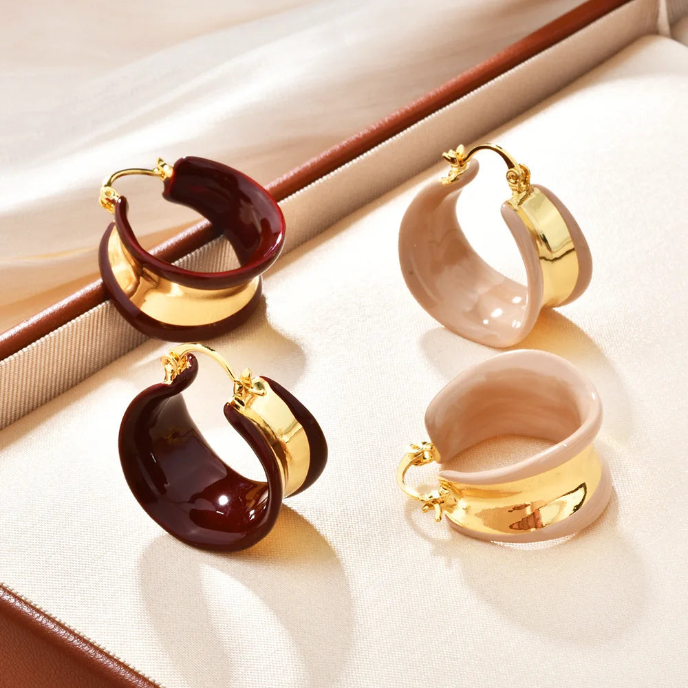 Female Trendy Geometric Earrings Maillard Color Oil Dropping Wide Face Hepburn Style Elegant Retro Chic Fashion Earrings Bulk