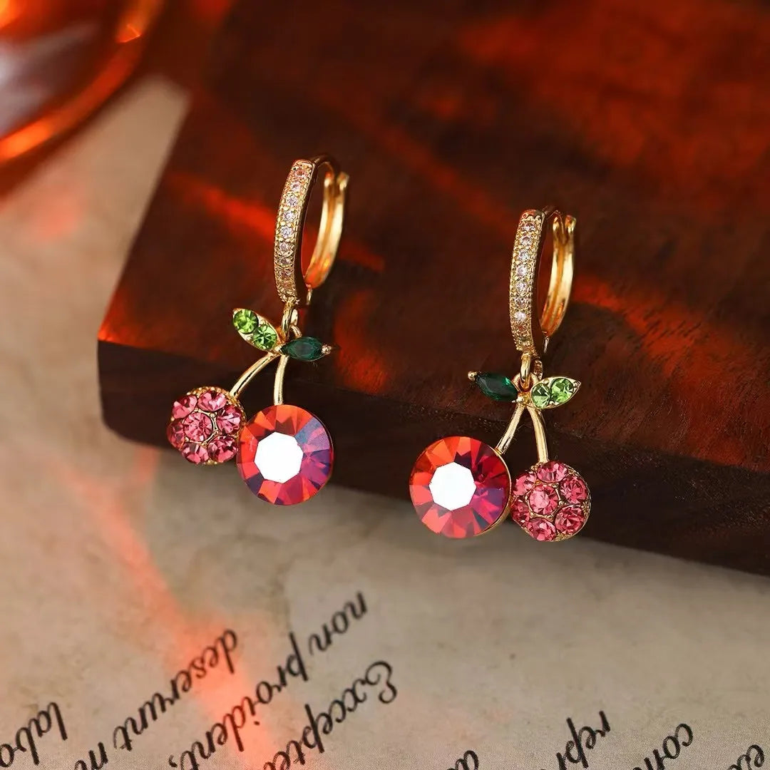 Women Blue Green Rhinestone Cherry Bow Small Earring Fashion Glitter Sparking Elegant High Quality Jewelry Accessories for Daily