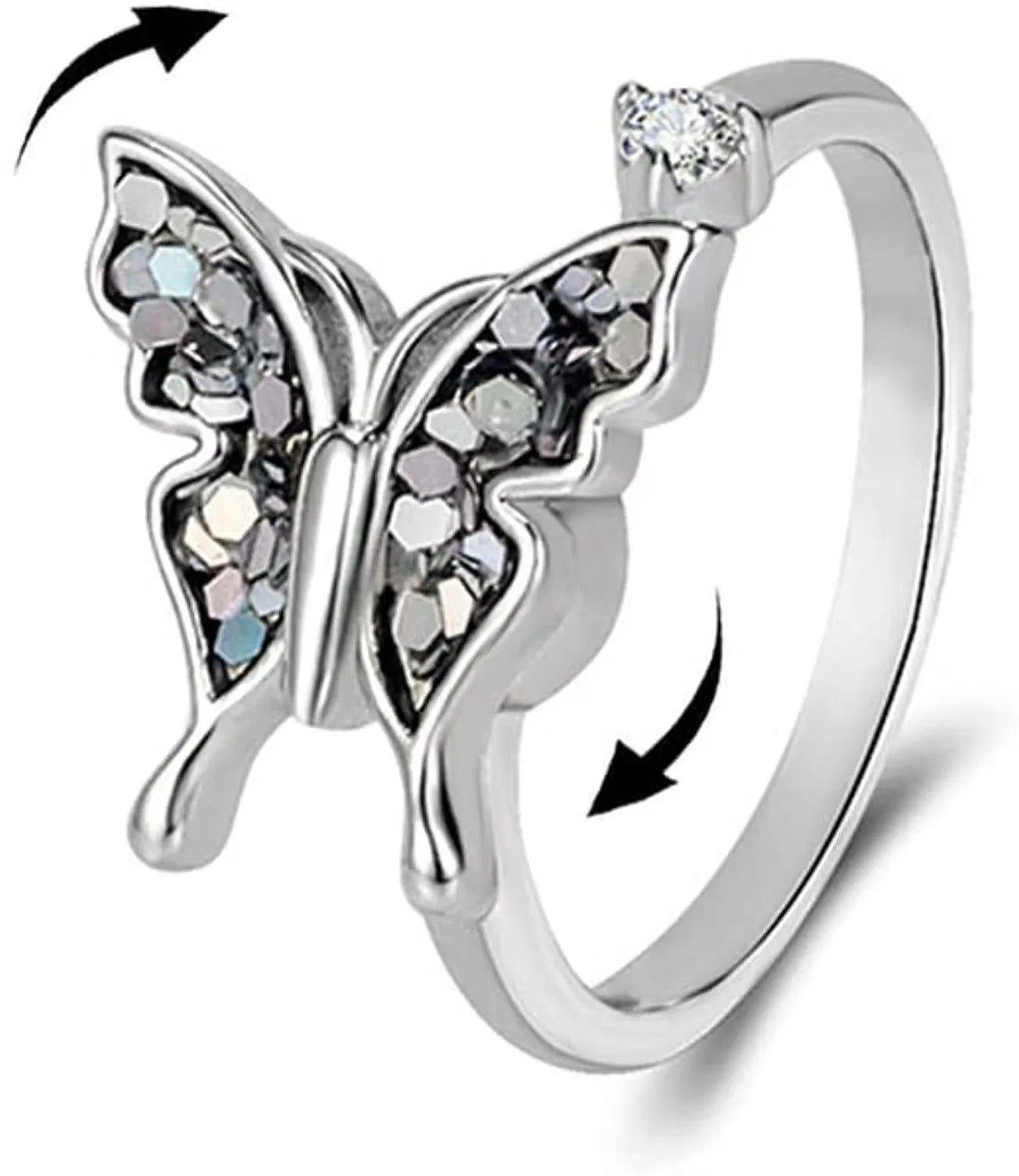 Silver Butterfly Open Ring Women's Adjustable Inlaid Crystal Fashion Jewelry Elegant Cute Stress-relief Ring Gift Idea Wholesale