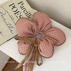 Fashion Brown Plaid Elegant Flower Scrunchies for Girls Trendy Stylish Ribbon Hair Ties for Women Ladies Hair Accessories Chic