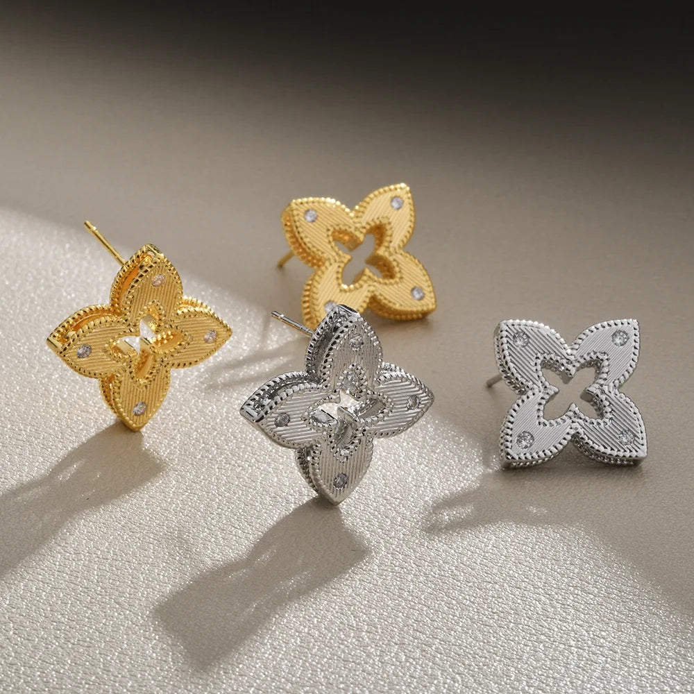 Gold Plated Quatrefoil Flower Stud Earrings Hollow Out Textured Geometric CZ Crystal Jewelry for Women Trendy Ear Accessories