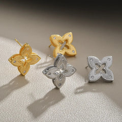 Gold Plated Quatrefoil Flower Stud Earrings Hollow Out Textured Geometric CZ Crystal Jewelry for Women Trendy Ear Accessories