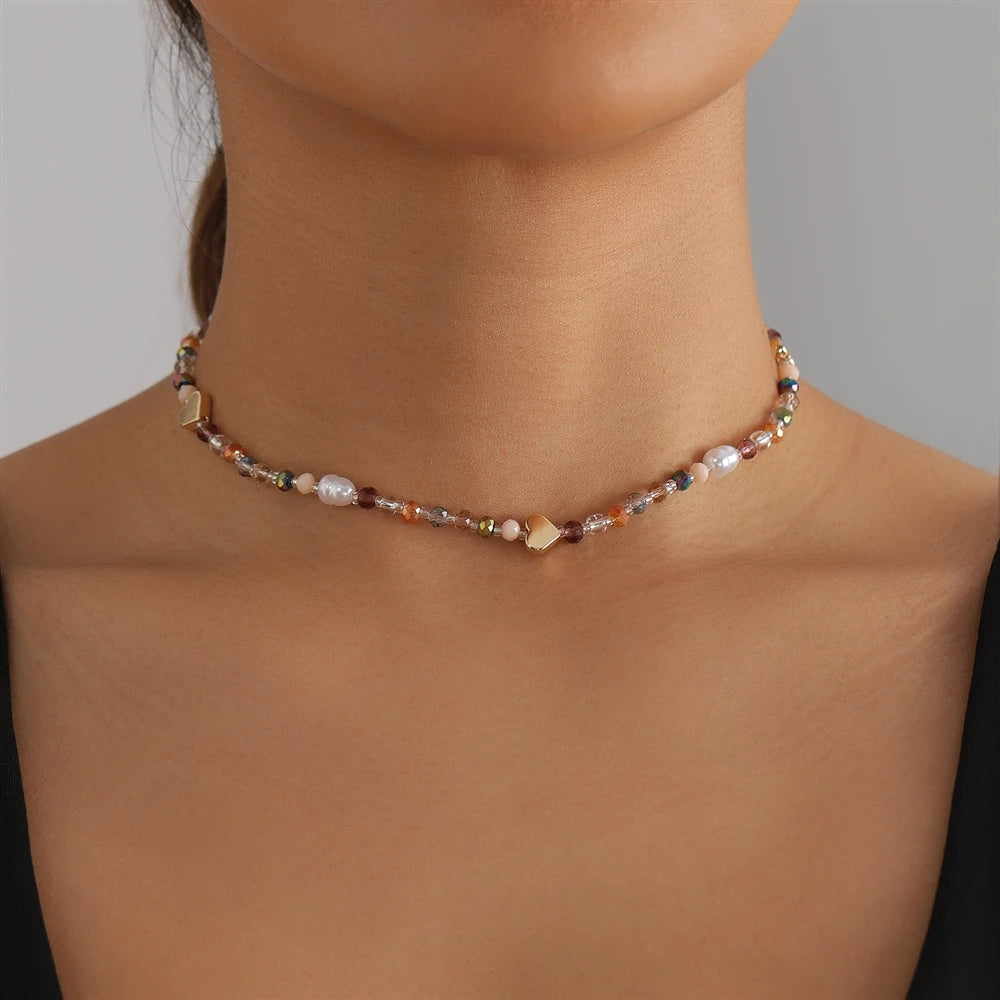 Fashion Colorful Beads Heart Shaped Sweet Cute Necklaces for Girls Trendy Art Deco Jewelry for Women Ladies Accessories Chic