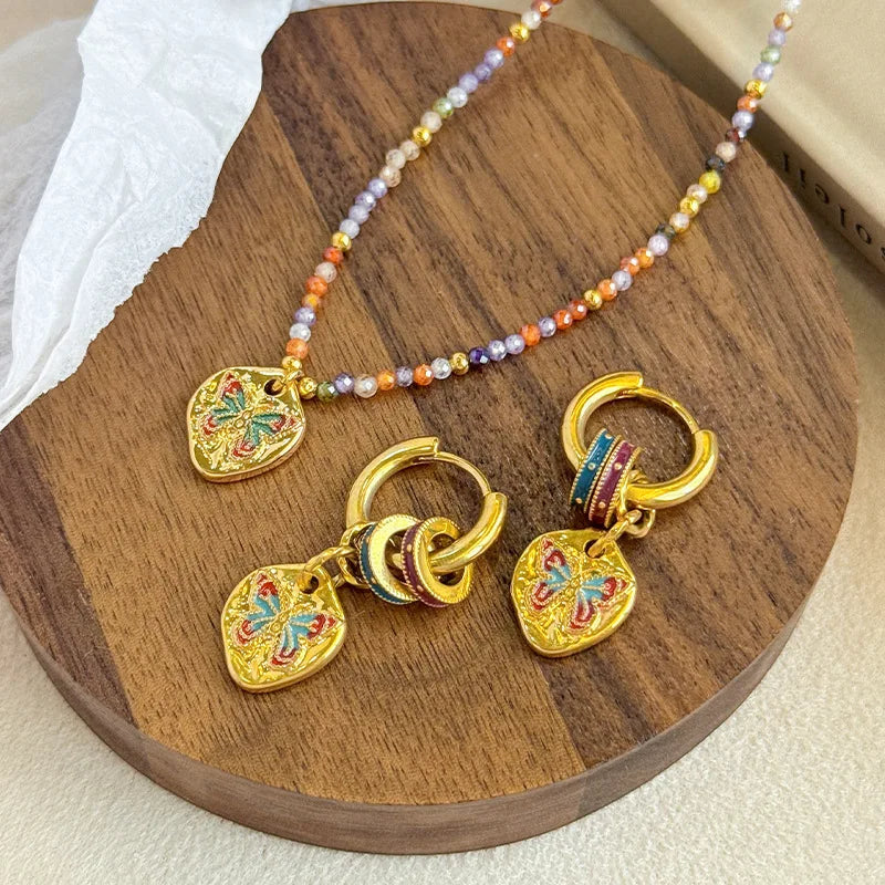 Female Heart Shape Natural Stone Beads Enamel Necklace Earring Fashion Vintage Low MOQ Jewelry Sets for Women Daily Causal
