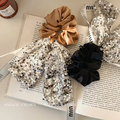 European Trendy Vintage Women's Hair Scrunchy Glitter Bows Hair Ribbon with High Elastic Elegant Daily Use Hair Accessory