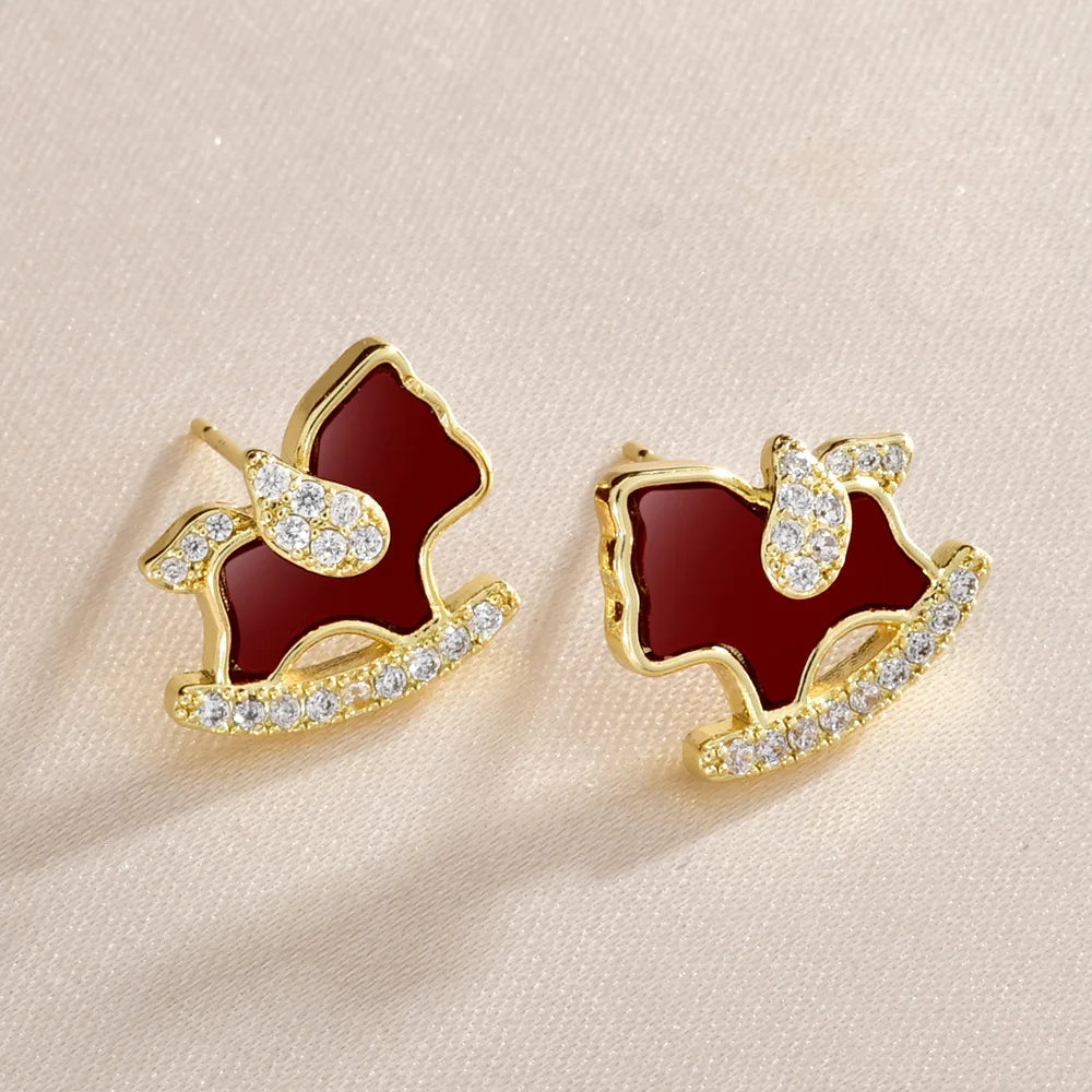 Horse Year Fashion Earrings Stud Flash Zodiac Red Cute Trojan Horse Earrings Light Luxury High-end Earrings for New Year Bulk