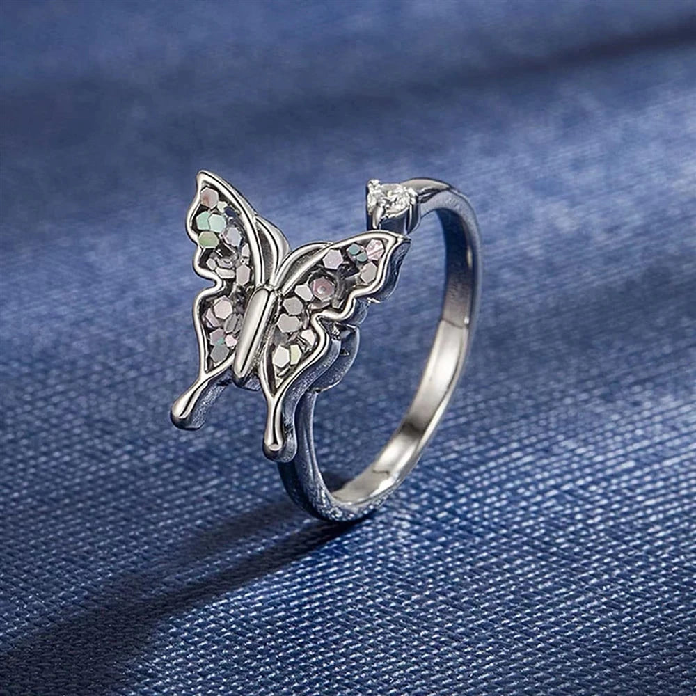 Silver Butterfly Open Ring Women's Adjustable Inlaid Crystal Fashion Jewelry Elegant Cute Stress-relief Ring Gift Idea Wholesale