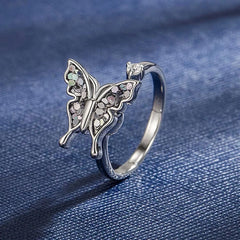 Silver Butterfly Open Ring Women's Adjustable Inlaid Crystal Fashion Jewelry Elegant Cute Stress-relief Ring Gift Idea Wholesale