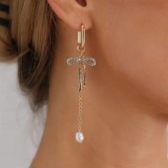 Fashion Bowknot Imitation Pearl Glitter Drop Earrings for Girls Sweet Elegant Glamorous Jewelry for Women Ladies Accessories