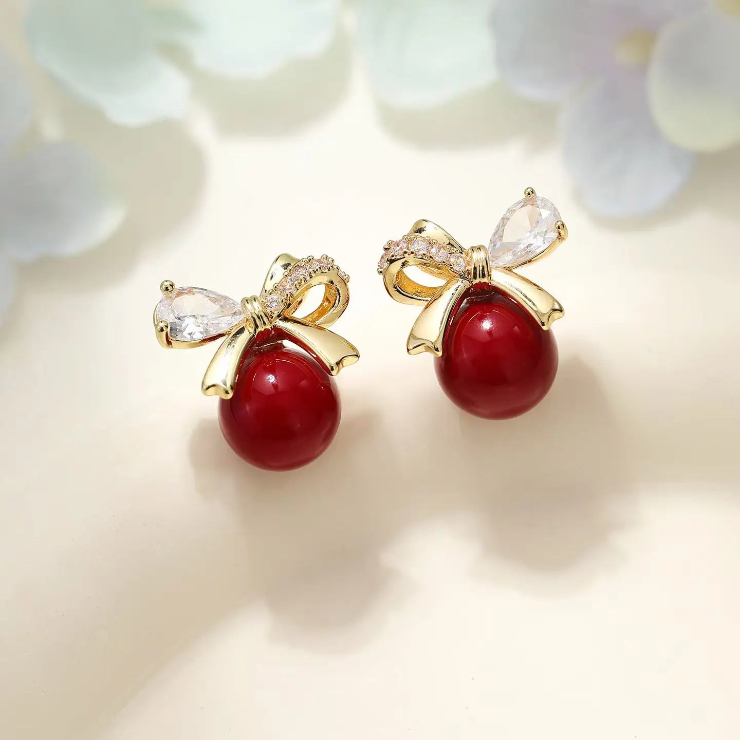 Fashion Trendy Bowknot Fruits Cherry Stud Earrings for Girls Sweet Cute Charms Glamorous Jewelry for Women Ladies Accessories