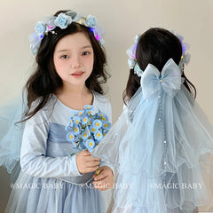 Cute Sweet Flower Tulle Bowknot Headband Glitter Imitation Pearl Hair Band Accessory for Baby Girls and Kids
