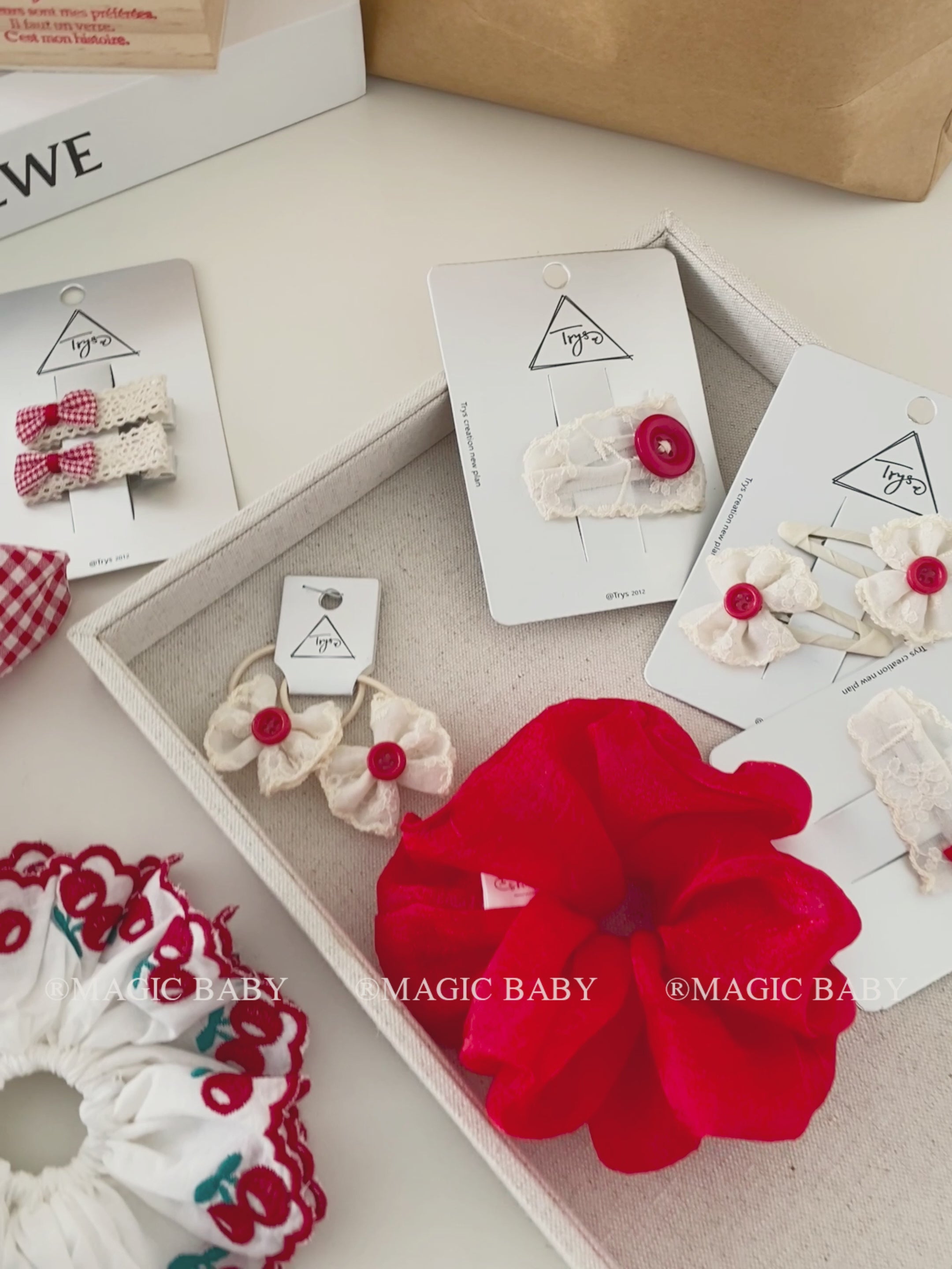 Girly Aesthetic Cherry Bowknot Grid Red Hair Ties Alligator Clips Headband Sweet Fashion in Stock Hair Accessories Set for Kids