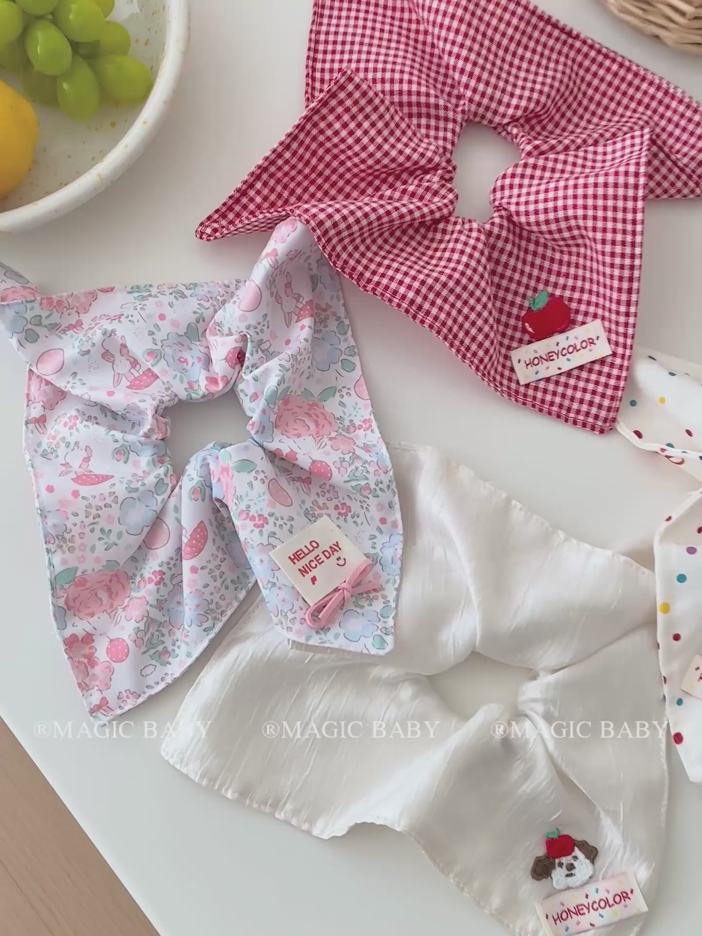 Sweet Cute Red Grid Dots Animals Bowknot Print Kerchief Scrunchies Kids Daily Fashion Hair Ties Accessories for Girls
