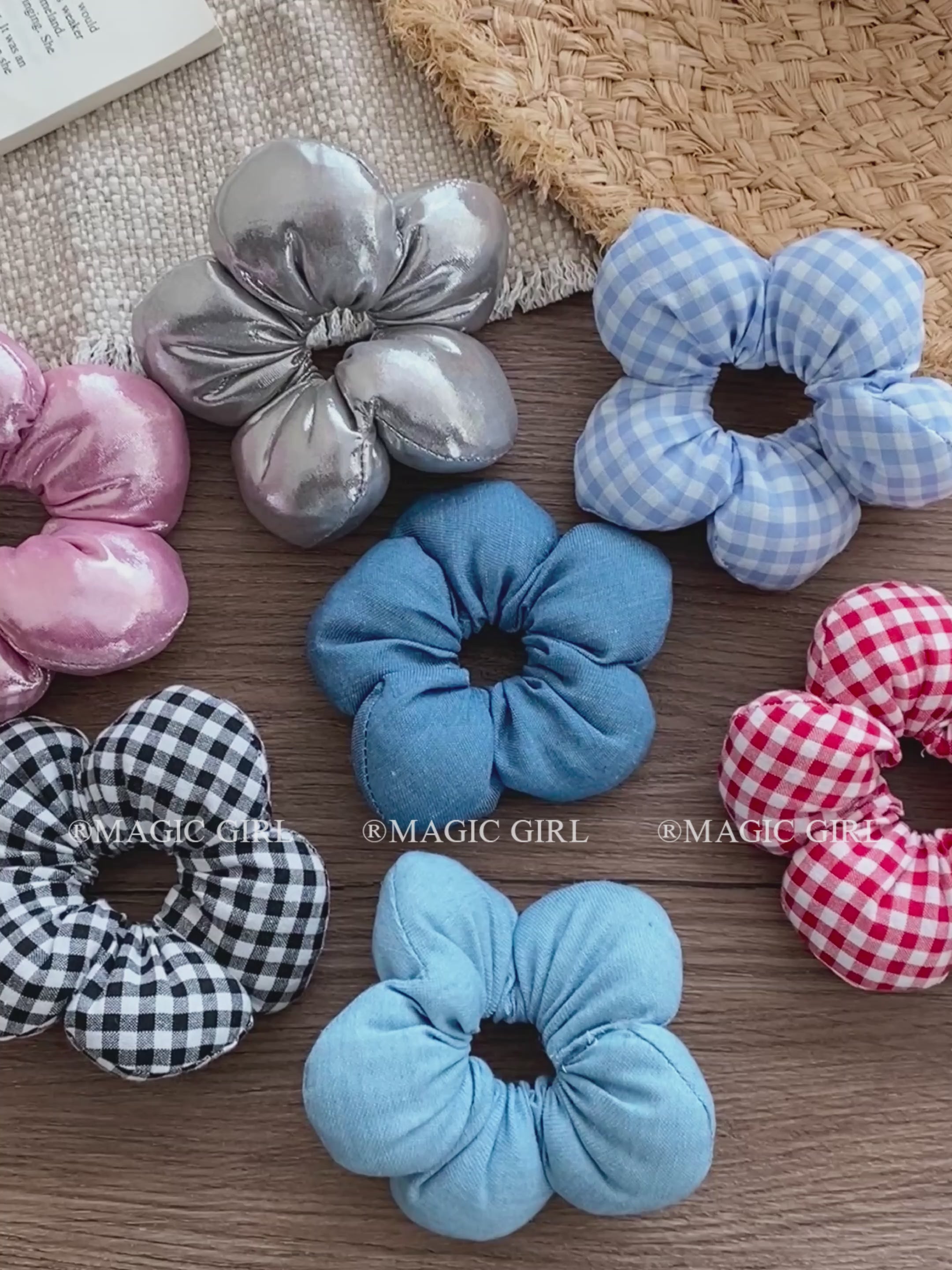 Sweet Cute Flower Shaped Plaid Scunchies for Girls Solid Color Stylish Fashion Hair Ties for Women Ladies Kids Hair Accessories