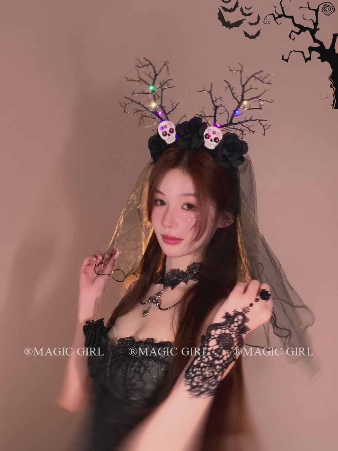 Halloween Black Branch Rose Veil Headband for Women Funny Skeleton Ghost Bride Mesh Hair Band Glow in the Dark Hair Accessories