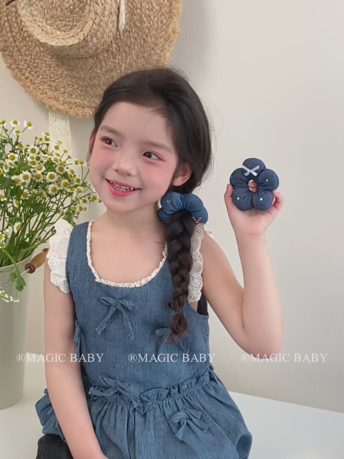 Kids Blue White Flower Print Small Scrunchies Ponytail Holder High Elastic Fashion Hair Ties Accessories for Children Daily Use