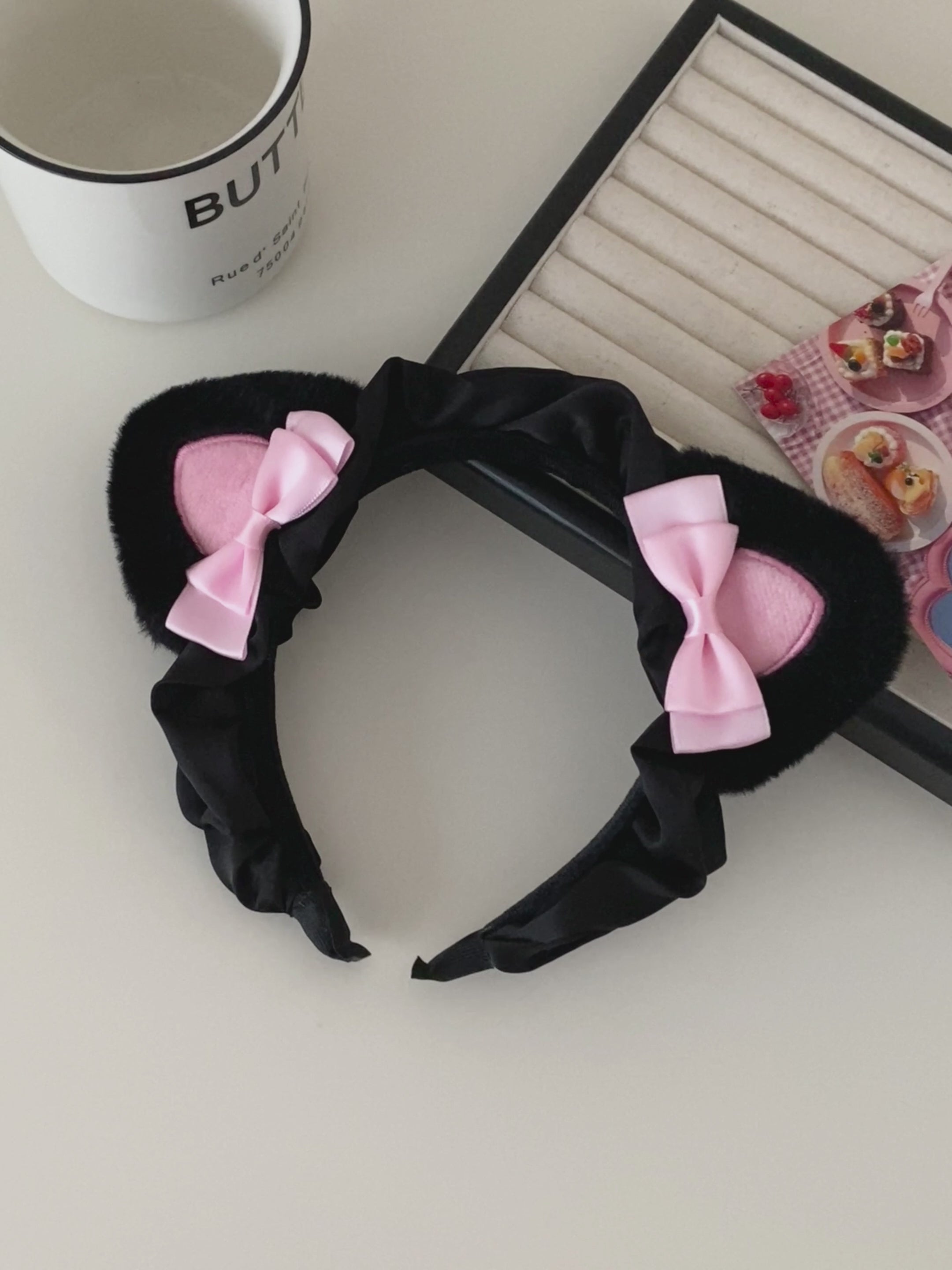 Hot Sale Cat Ear Pink Bowknot Large Black Downy Headbands Sweet Cute Wig Bands Wholesale in Stock Hairbands for Women Accessory