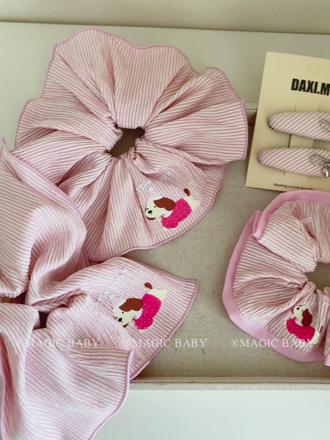 Fashion Cute Stripe Puppy Animals Bowknot Scrunchies for Baby Girls Simple Hair Ties for Kids Children Hair Accessories in Stock