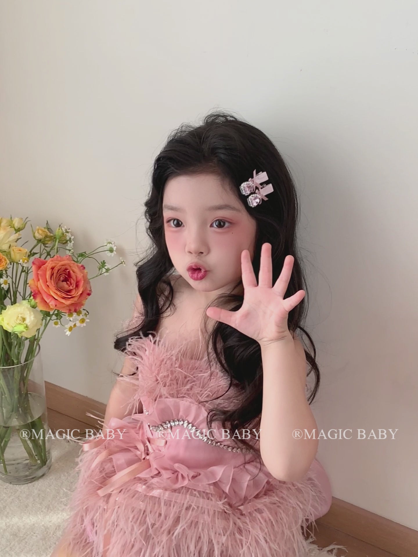 Pink Solid Color Flower Glitter Scrunchies for Baby Girls Sweet Cute Hair Ties for Kids Children Hair Accessories in Stock