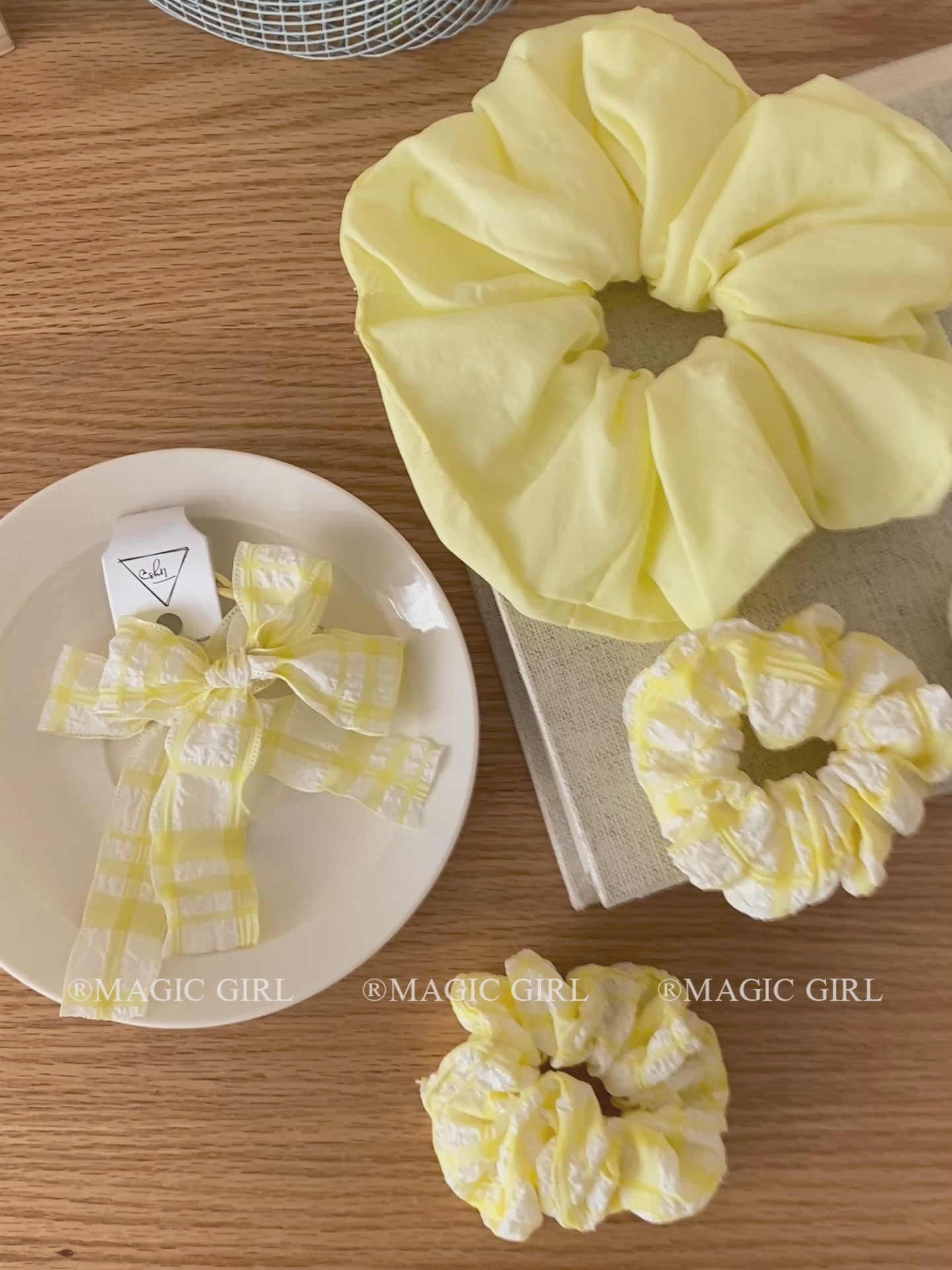 Yellow Solid Color Plaid Cherry Scrunchies Elegant Simple Hair Ties for Girls and Women Sweet Cute Hair Accessories for Ladies